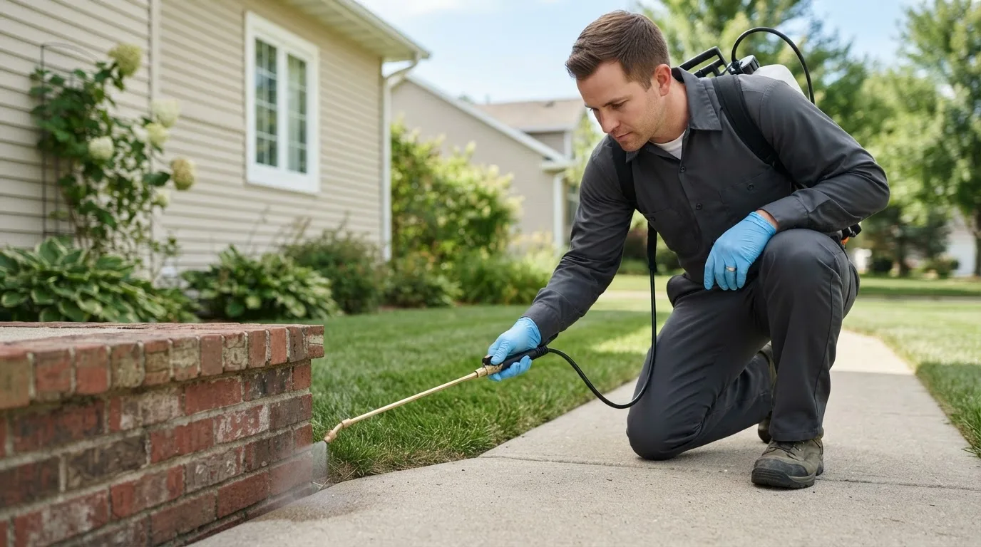 Pest control technician treating a home near Monroe, ME